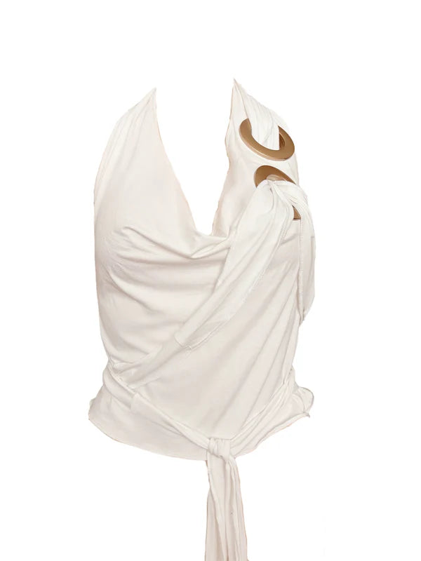 Halterneck waterfall eyelet top white